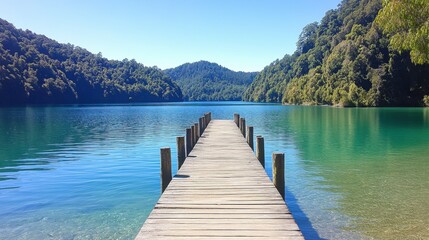 A long wooden jetty stretching over turquoise water toward a distant island.
