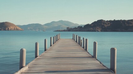 Obraz premium A long wooden jetty stretching over turquoise water toward a distant island.