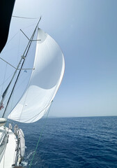 Sailboat with white sail in calm blue sea under clear sky.