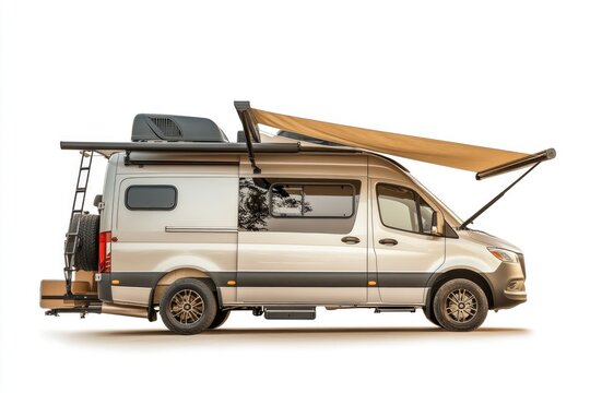 Modern Silver Camper Van Features Rooftop Storage and Retractable Awning for Outdoor Adventures