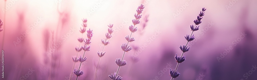 Poster lavender blooms swaying gently in soft light amidst a tranquil gradient background during early even