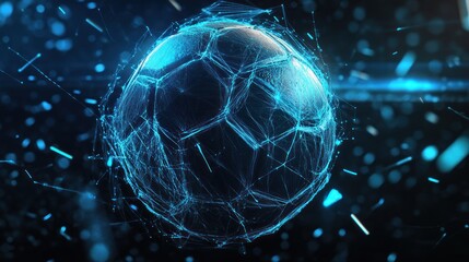 Abstract glowing soccer ball with digital particles.