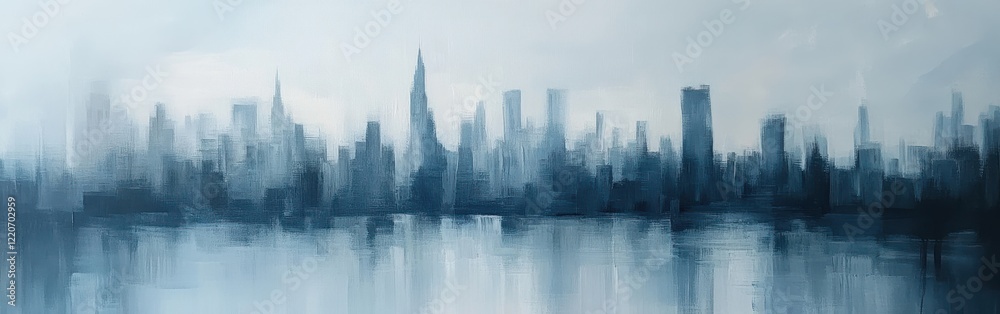 Aufkleber soft abstract silhouette of a distant city skyline reflecting in calm waters at twilight