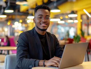 Young entrepreneur working diligently in a vibrant co-working space while typing on a laptop