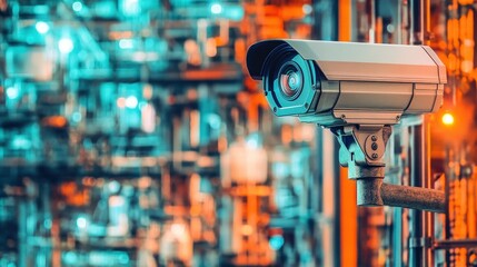 A modern security camera system with dual lenses in an industrial outdoor environment.