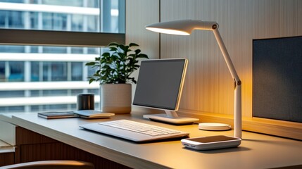 A modern workspace with a clean desk, an adjustable lamp, and a wireless charging dock.