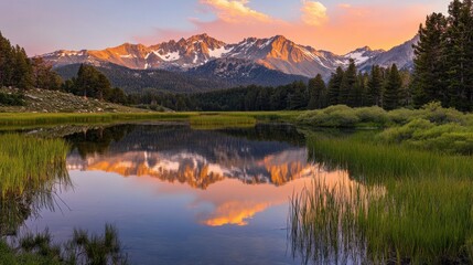 Serene mountain lake at sunset reflecting vibrant colors in a peaceful natural landscape