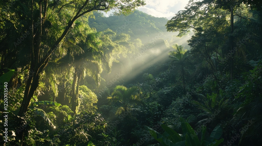 Poster Sunlight filtering through the canopy of a dense forest revealing lush greenery in a tranquil setting