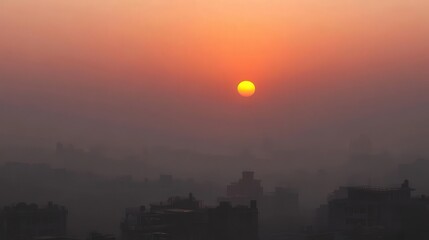 sunrise over a city blanketed with a thick layer of air filled with PM2.5 dust particles.