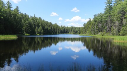 Serene lake reflecting lush greenery and blue sky in a tranquil setting
