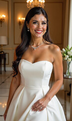 Naklejka premium Elegant bride in a stunning off-shoulder gown poses gracefully in an opulent indoor setting with delicate floral arrangements