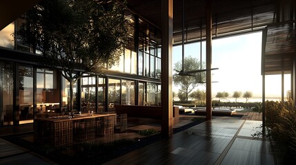 Fototapeta premium Modern house patio sunset view, outdoor furniture, luxury home design, real estate