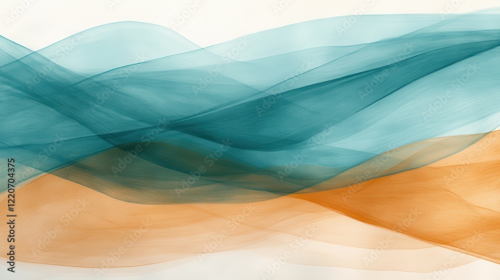 Poster elegant minimalist composition featuring flowing waves of teal and amber fabric on a light backgroun