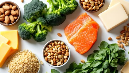 Healthy Foods Salmon Broccoli Nuts Cheese Grains White Background