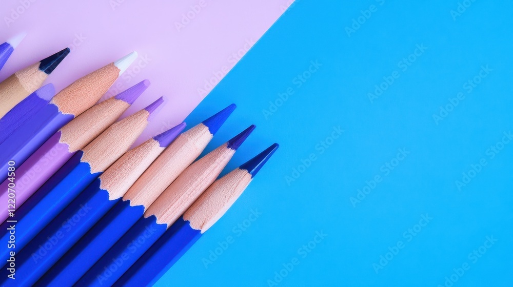 Poster Pencil strokes blend shades of lavender transitioning into vibrant blue in a minimalist studio setting