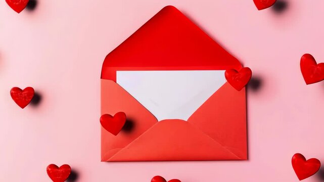 Envelope, blank white paper card and pink hearts. invitation mockup. Red heart shapes, clean letter isolated on pink. Love, Valentine's day message. Gift card. Postcard. Wish list. Place for text