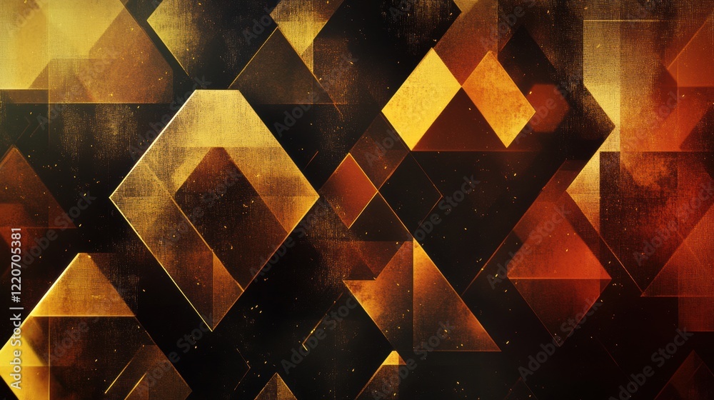 Poster geometric abstract background featuring intricate golden and black shapes with varying dimensions an
