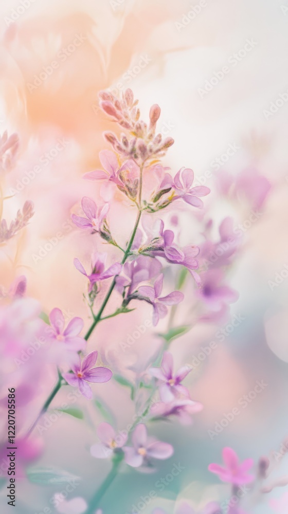 Poster ethereal bokeh effect with soft pastel flowers creating a dreamlike atmosphere in a tranquil garden 