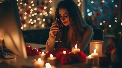 Modern office setup with a woman sipping wine, surrounded by romantic Valentine's candles and roses