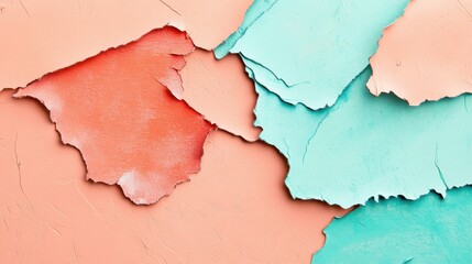 Obraz premium Torn teal and coral paper against a faint pencil stroke background creates a textured artistic composition