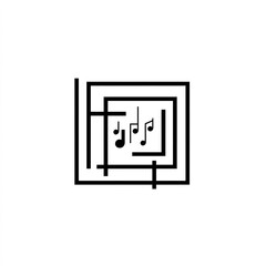 An artistic logo with a rectangular frame mimicking a camera viewfinder, incorporating small musical note icons inside, sleek and minimal