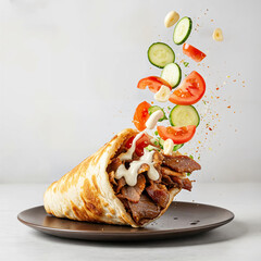 Doner kebab or shawarma with ingredients floating in the air: beef meat, lettuce, onion, tomatos, spice. White background. Copy space.