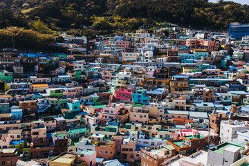 View of Gamcheon Culture village, Busan city, South Korea, Gamcheon-dong, Saha District, beautiful view of streets and multicoloured houses in a summer sunny day, Republic of Korea travel