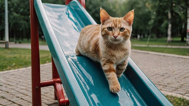 Ukrainian Levkoy cat playing on a slide in the park