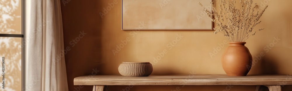 Poster soft clay tones and elegant textures create a serene atmosphere in a minimalist interior setting