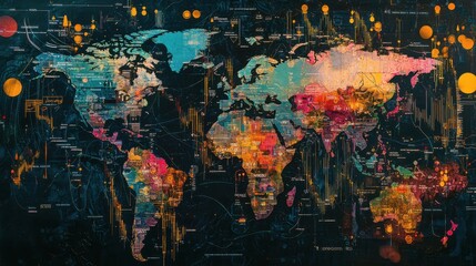 Currency symbols representing global economics flow across a colorful world map illustrating international connections and trade