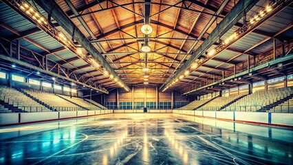Empty Vintage Hockey Rink Stadium: Retro Ice Hockey Arena Field