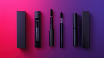 Fototapeta premium Flat lay of mascara products with sleek black packaging on a gradient background.