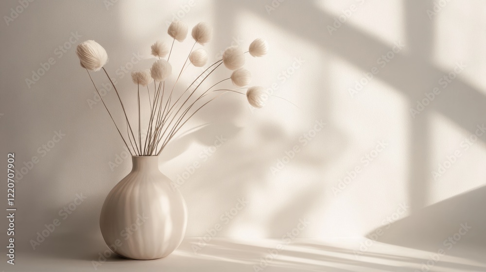 Poster soft and serene abstract white composition featuring delicate flowers in a minimalist vase on a ligh