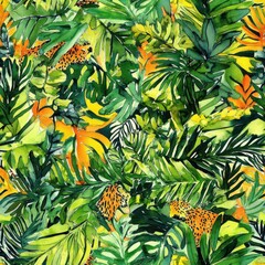 Intricate doodle showcasing vibrant jungle foliage with hidden leopard patterns amidst lush greenery