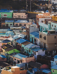 Fototapeta premium View of Gamcheon Culture village, Busan city, South Korea, Gamcheon-dong, Saha District, beautiful view of streets and multicoloured houses in a summer sunny day, Republic of Korea travel