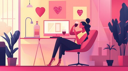 Stylish home office setup with a woman enjoying wine and surrounded by self-care items and Valentine dÃ©cor