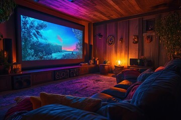 Naklejka premium Cozy family movie night at home. Generative AI