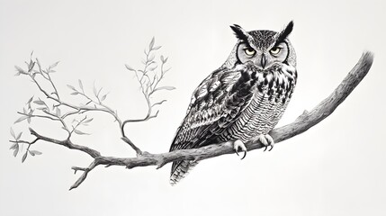 Obraz premium Wise Owl Perched on a Branch with Smooth Light Background
