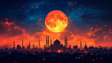 A mesmerizing scene of a fiery orange full moon illuminating a mystical city skyline at night with a starry sky backdrop