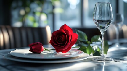 Elegant valentine’s day table setting with red rose bud and glassware for romantic dinner