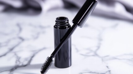 Obraz premium Open mascara tube with the wand leaning against the bottle, placed on a white marble surface.