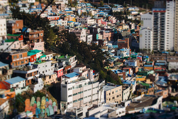 View of Gamcheon Culture village, Busan city, South Korea, Gamcheon-dong, Saha District, beautiful view of streets and multicoloured houses in a summer sunny day, Republic of Korea travel