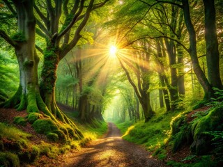 Obraz premium Enchanting Panoramic Forest Path: Magical Sunlight Through Ancient Trees