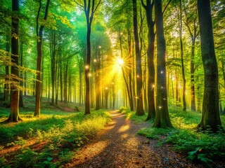 Obraz premium Enchanting Sunlit Forest: Iridescent Green Leaves Panoramic