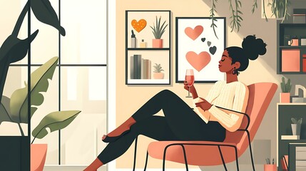 Woman unwinding in her modern office with a glass of wine and surrounded by self-care and Valentine accents