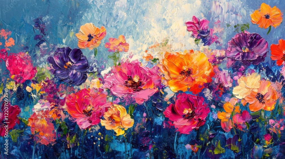 Aufkleber Vivid abstract painting featuring an array of colorful flowers in rich indigo background and bright hues