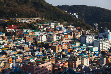 View of Gamcheon Culture village, Busan city, South Korea, Gamcheon-dong, Saha District, beautiful view of streets and multicoloured houses in a summer sunny day, Republic of Korea travel
