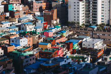 Fototapeta premium View of Gamcheon Culture village, Busan city, South Korea, Gamcheon-dong, Saha District, beautiful view of streets and multicoloured houses in a summer sunny day, Republic of Korea travel