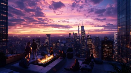 A group of friends enjoying a rooftop barbecue with city views at sunset