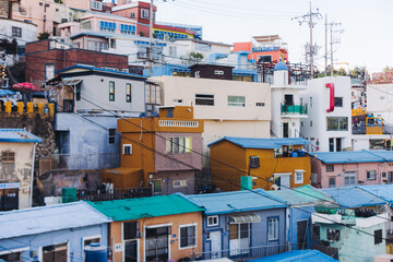 Fototapeta premium View of Gamcheon Culture village, Busan city, South Korea, Gamcheon-dong, Saha District, beautiful view of streets and multicoloured houses in a summer sunny day, Republic of Korea travel